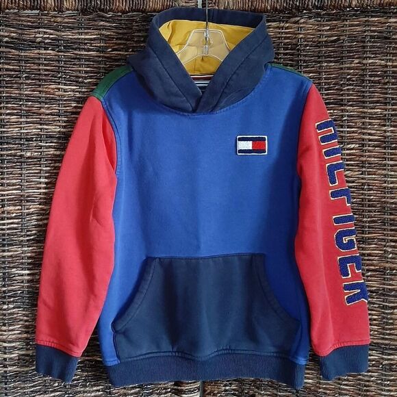 Tommy Hilfiger Hoodie Medium Blue Sweatshirt Preppy Varsity Letters Colorblock - Picture 1 of 6